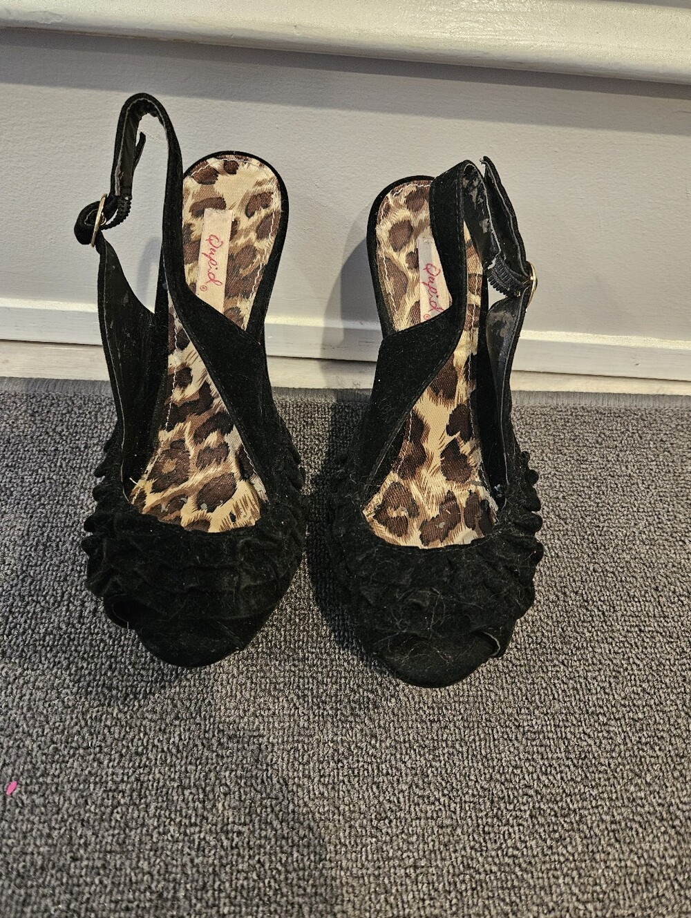 Quipid black velvet wedges with leopard insole. Size 5 or 5 1/2.